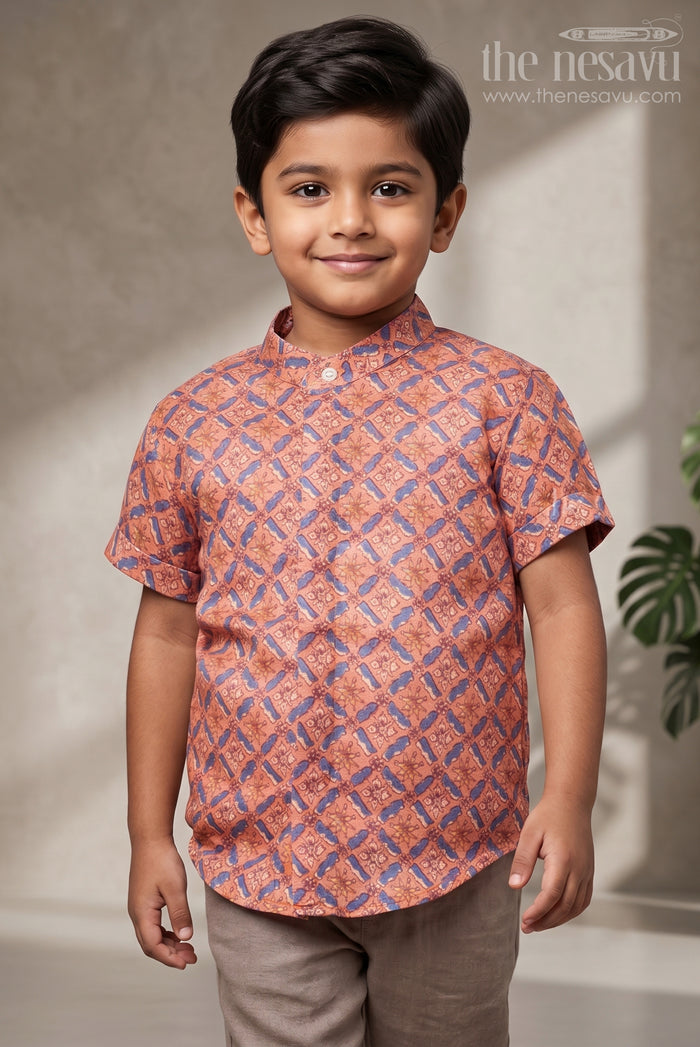 The Nesavu Boys Linen Shirt Authentic Ajrakh Hand Block Print Boys' Shirt: Celebrate Indian Heritage in Style Nesavu 14 (6M) / Orange / Linen BS063-14 Hand Block Printed Shirt for Boys | The Nesavu
