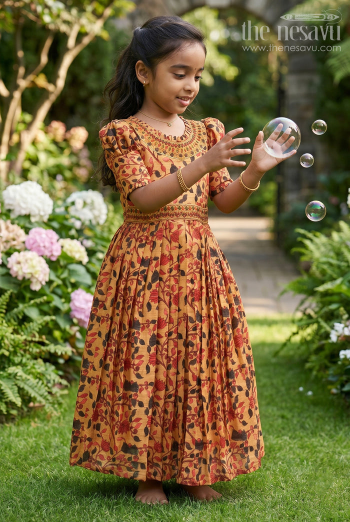 The Nesavu Girls Silk Gown Autumnal Elegance Pleated Anarkali Gown for Girls Nesavu 16 (1Y) / Yellow / Blend Silk GA201A-16 Girls Yellow Botanical Print Anarkali Gown | The Nesavu