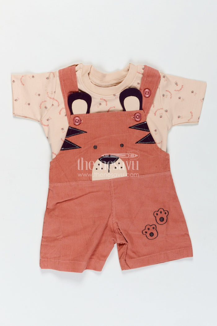 The Nesavu Boys Casual Set Baby Boy Dungaree Set with Animal Face Embroidery and Printed Beige Tee in Soft Corduroy Finish Nesavu 12 (3M) / Brown BCS322A-12 Nesavu Baby Boy Dungaree Set Rust Corduroy Animal Overalls Beige Printed Tee