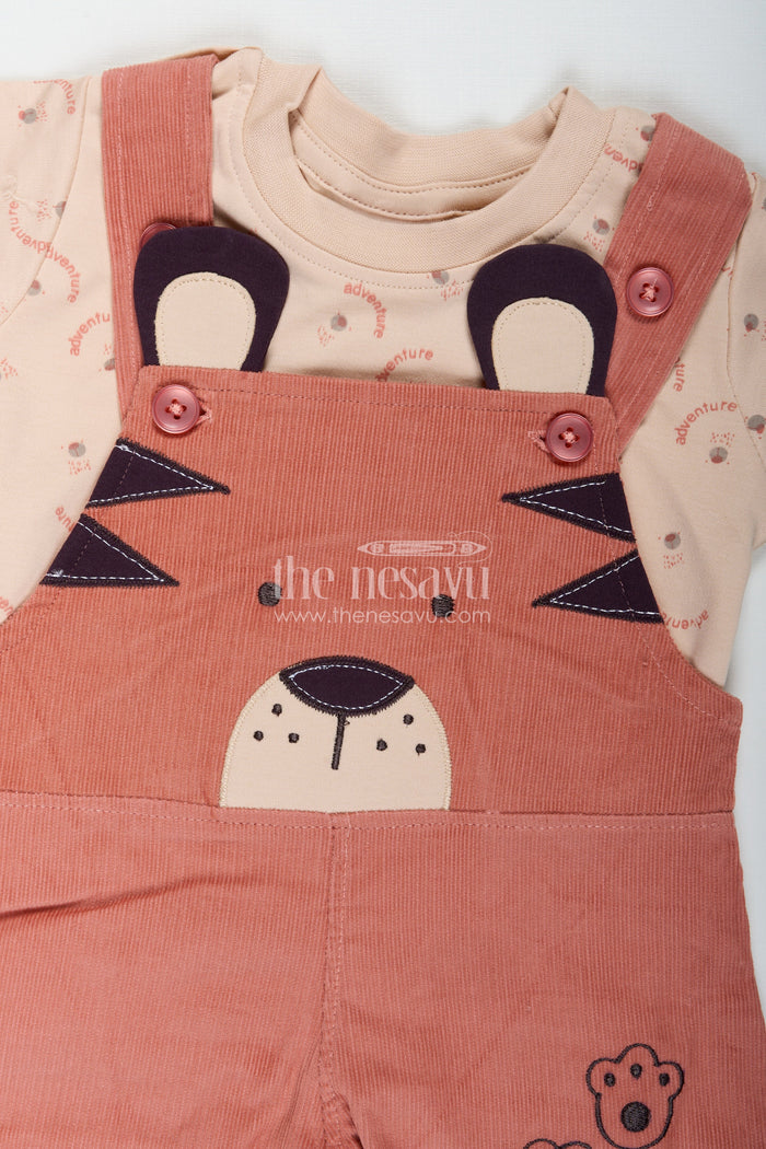 The Nesavu Boys Casual Set Baby Boy Dungaree Set with Animal Face Embroidery and Printed Beige Tee in Soft Corduroy Finish Nesavu Nesavu Baby Boy Dungaree Set Rust Corduroy Animal Overalls Beige Printed Tee