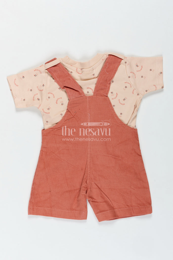 The Nesavu Boys Casual Set Baby Boy Dungaree Set with Animal Face Embroidery and Printed Beige Tee in Soft Corduroy Finish Nesavu Nesavu Baby Boy Dungaree Set Rust Corduroy Animal Overalls Beige Printed Tee