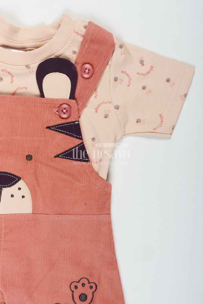The Nesavu Boys Casual Set Baby Boy Dungaree Set with Animal Face Embroidery and Printed Beige Tee in Soft Corduroy Finish Nesavu Nesavu Baby Boy Dungaree Set Rust Corduroy Animal Overalls Beige Printed Tee