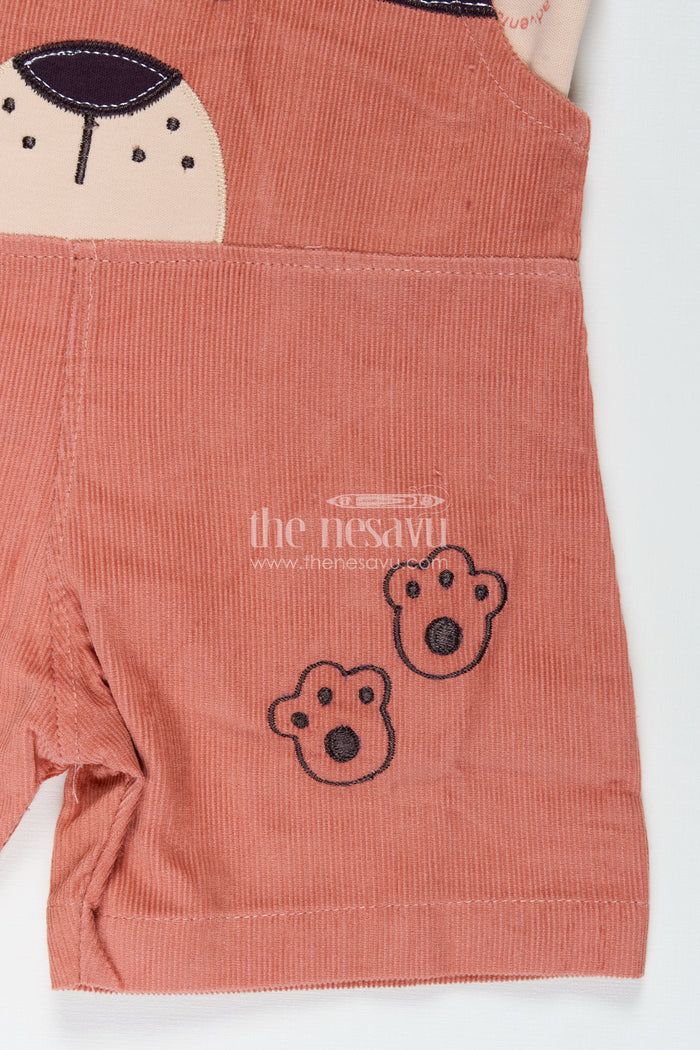 The Nesavu Boys Casual Set Baby Boy Dungaree Set with Animal Face Embroidery and Printed Beige Tee in Soft Corduroy Finish Nesavu Nesavu Baby Boy Dungaree Set Rust Corduroy Animal Overalls Beige Printed Tee