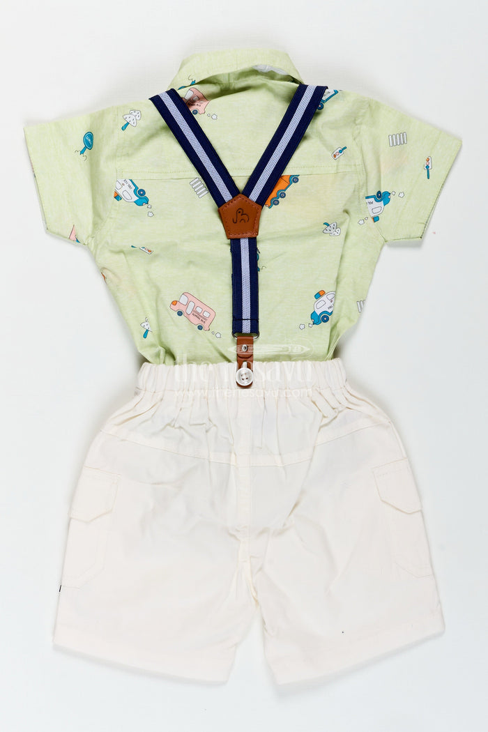 The Nesavu Boys Casual Set Baby Boy Light Green Outfit with Cartoon Vehicle Print and Cream Shorts Featuring Suspenders Nesavu Nesavu Baby Boy Light Green Outfit Vehicle Print Shirt White Shorts Suspenders