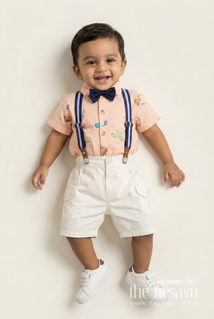 The Nesavu Boys Casual Set Baby Boy Peach Shirt Set with Fun Vehicle Prints and Off White Cargo Shorts for Day Out Style Nesavu 12 (3M) / Peach BCS325A-12 Nesavu Baby Boy Peach Shirt Set Digital Vehicle Print Off White Shorts Suspenders