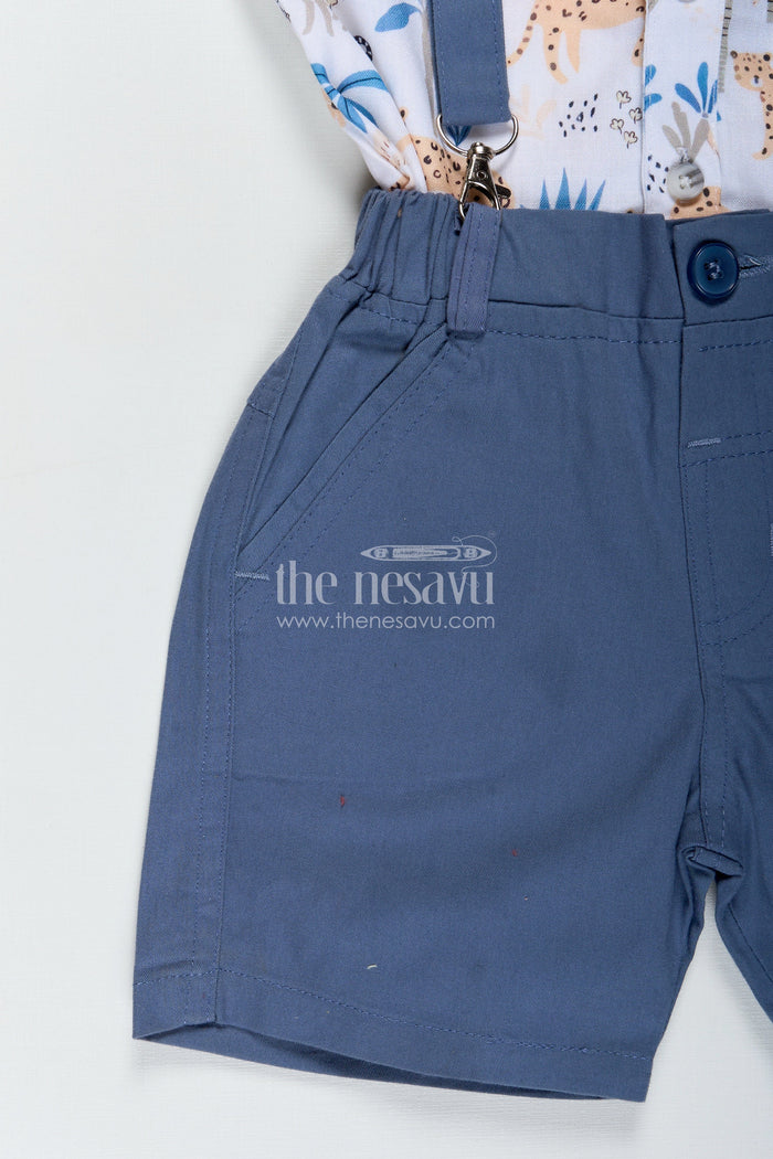 The Nesavu Boys Casual Set Baby Boy Stylish Summer Look with Blue Animal Print Shirt and Grey Shorts with Suspenders Nesavu Nesavu Baby Boy Stylish Summer Look Set Blue Animal Print Shirt Grey Cotton Shorts