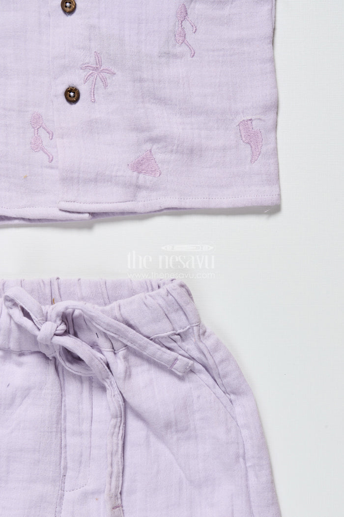 The Nesavu Boys Casual Set Baby Boys Embroidered Muslin Cotton Set for Festive Casuals Nesavu Nesavu baby boys embroidered muslin cotton set purple festive traditional casual wear