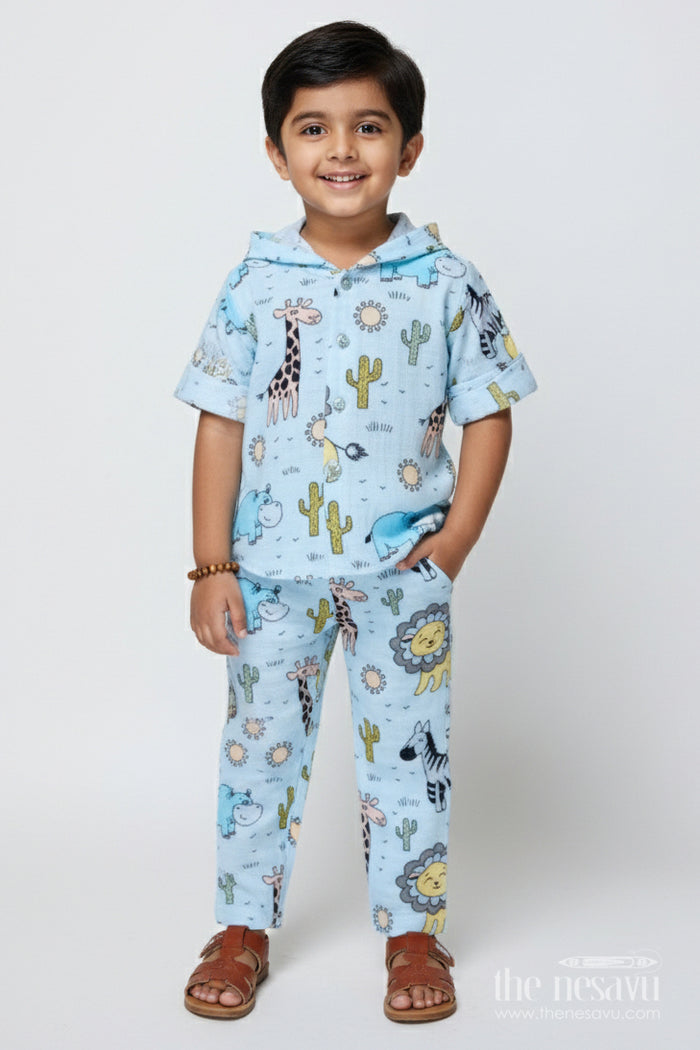 The Nesavu Boys Casual Set Baby Boys Muslin Cotton Animal Print Set for Playtime and Naps Nesavu 12 (3M) / Blue BCS502A-12 Nesavu muslin cotton baby boys outfit animal print hoodie sleep play