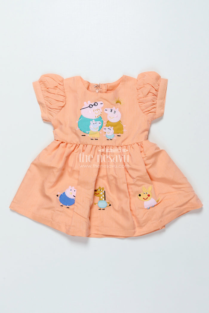 The Nesavu Baby Cotton Frocks Baby Cotton Frock with Cartoon Embroidery for Playdates and Casual Outings Nesavu 16 (1Y) / Orange GFC1911A-16 Nesavu baby cotton frock Peppa Pig embroidery perfect playdates everyday wear