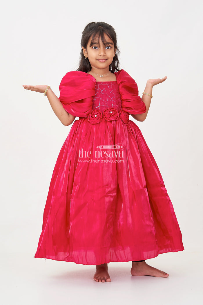 The Nesavu Silk Party Frock Baby Frock for First Birthday in Rich Glaze Organza with Sequin Embellished Yoke and Rosette Detailing Nesavu 22 (4Y) / Pink PF217A-22 Nesavu Baby Frock for First Birthday in Glaze Organza with Sequin Embellished Yoke and Rosette Accents