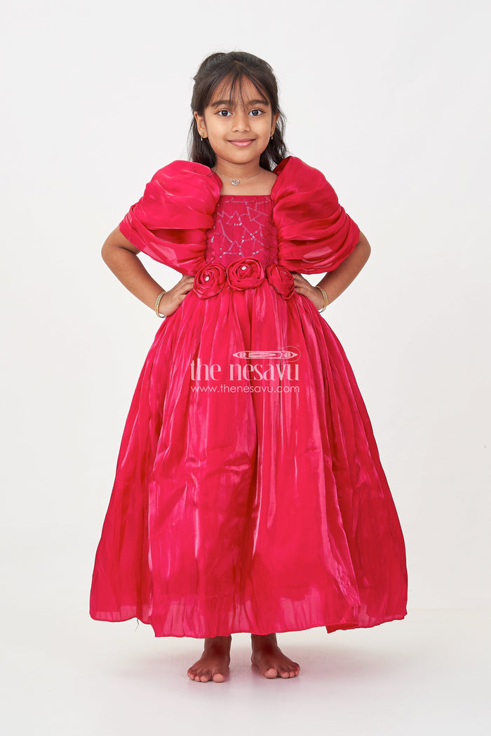 The Nesavu Silk Party Frock Baby Frock for First Birthday in Rich Glaze Organza with Sequin Embellished Yoke and Rosette Detailing Nesavu Nesavu Baby Frock for First Birthday in Glaze Organza with Sequin Embellished Yoke and Rosette Accents