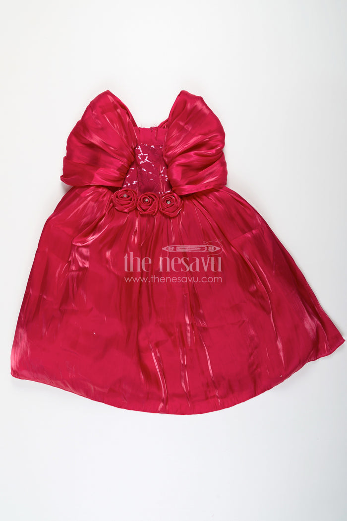 The Nesavu Silk Party Frock Baby Frock for First Birthday in Rich Glaze Organza with Sequin Embellished Yoke and Rosette Detailing Nesavu Nesavu Baby Frock for First Birthday in Glaze Organza with Sequin Embellished Yoke and Rosette Accents