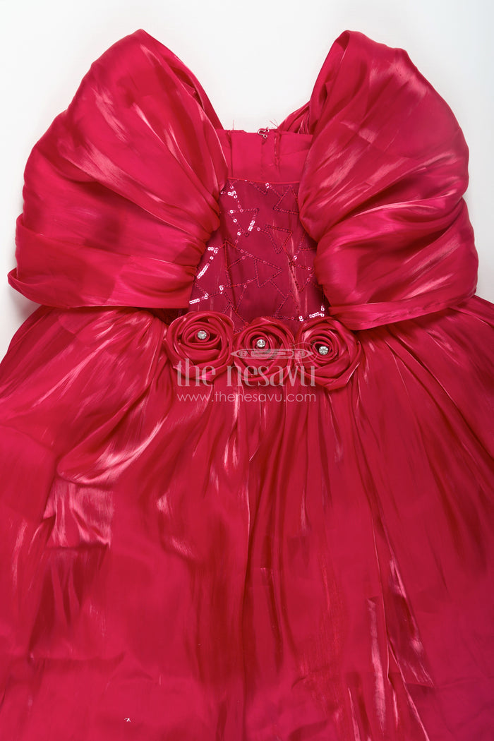The Nesavu Silk Party Frock Baby Frock for First Birthday in Rich Glaze Organza with Sequin Embellished Yoke and Rosette Detailing Nesavu Nesavu Baby Frock for First Birthday in Glaze Organza with Sequin Embellished Yoke and Rosette Accents