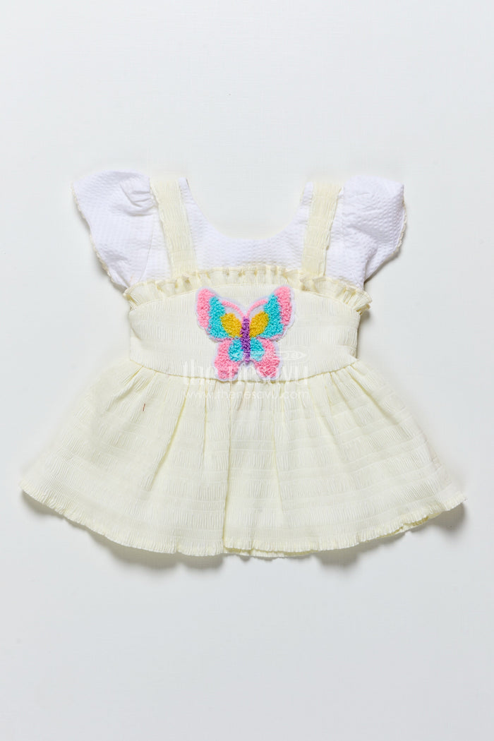 The Nesavu Baby Frocks Baby Frock in Light Blue Seersucker Cotton with Butterfly Patch Nesavu 14 (6M) / Yellow BFJ851B-14 Nesavu light blue butterfly baby frock in seersucker cotton