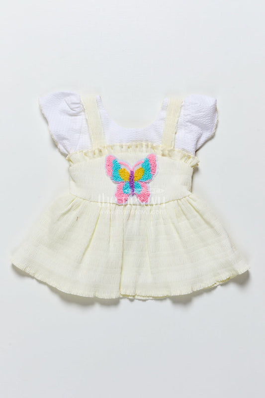 The Nesavu Baby Frocks Baby Frock in Light Blue Seersucker Cotton with Butterfly Patch Nesavu 14 (6M) / Yellow BFJ851B-14 Nesavu light blue butterfly baby frock in seersucker cotton