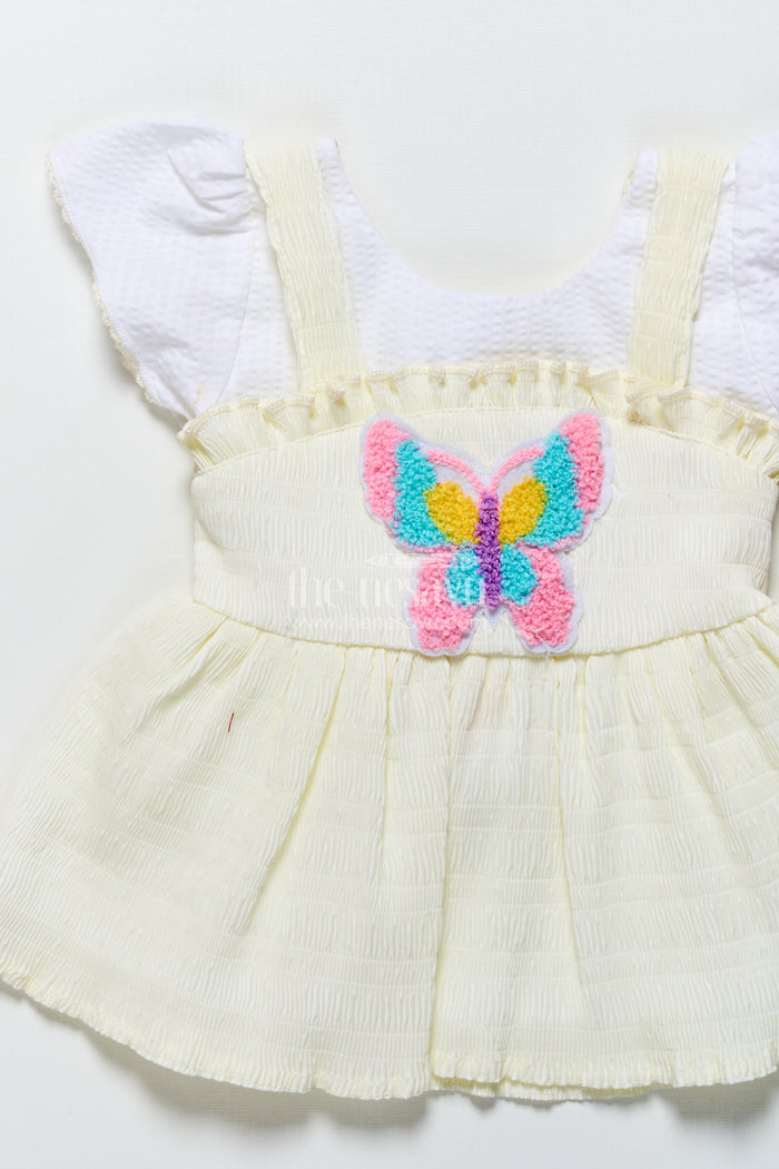 The Nesavu Baby Frocks Baby Frock in Light Blue Seersucker Cotton with Butterfly Patch Nesavu Nesavu light blue butterfly baby frock in seersucker cotton
