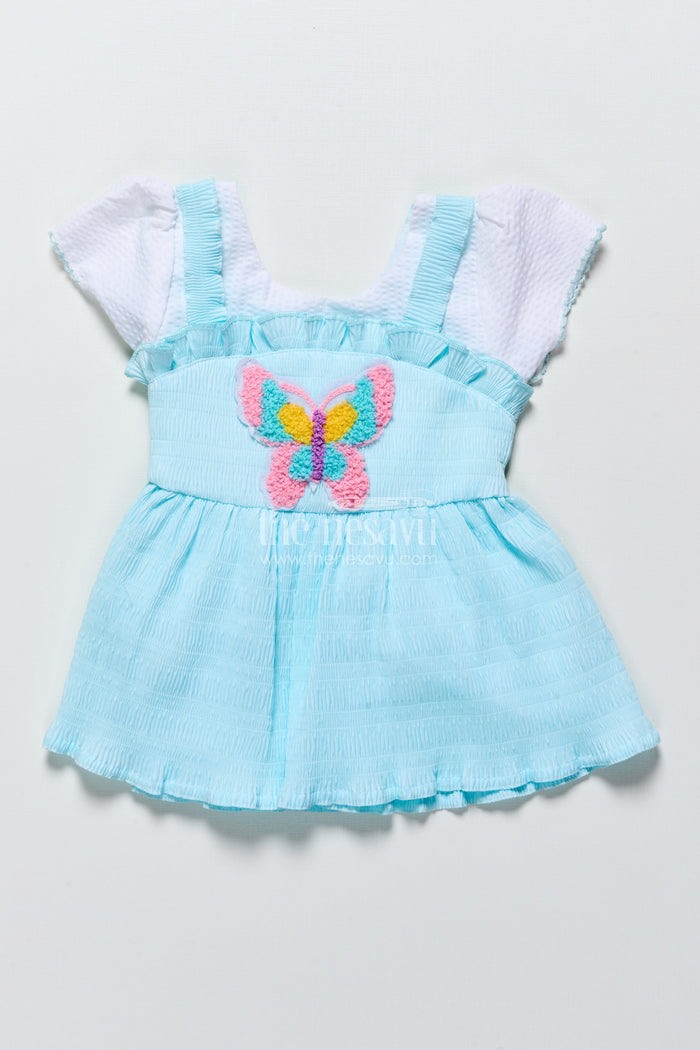 The Nesavu Baby Frocks Baby Frock in Seersucker Cotton with Multicolor Butterfly Patch Pink Nesavu 14 (6M) / Blue BFJ851A-14 Nesavu baby pink butterfly frock in seersucker cotton for girls