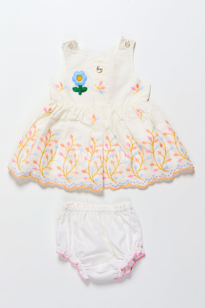 The Nesavu Baby Frocks Baby Frock with Rainbow Leaf Embroidery and Floral Patch Nesavu 14 (6M) / White BFJ850B-14 Nesavu cream baby frock with rainbow embroidery and floral detail