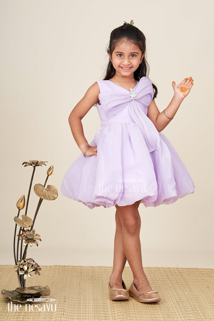 The Nesavu Girls Fancy Party Frock Baby Girl Birthday Dress With Bow Comfortable And Stylish Nesavu Nesavu Lilac Kids Party Frock Crushed Organza Puff Sleeves Sculpted Bow Detail