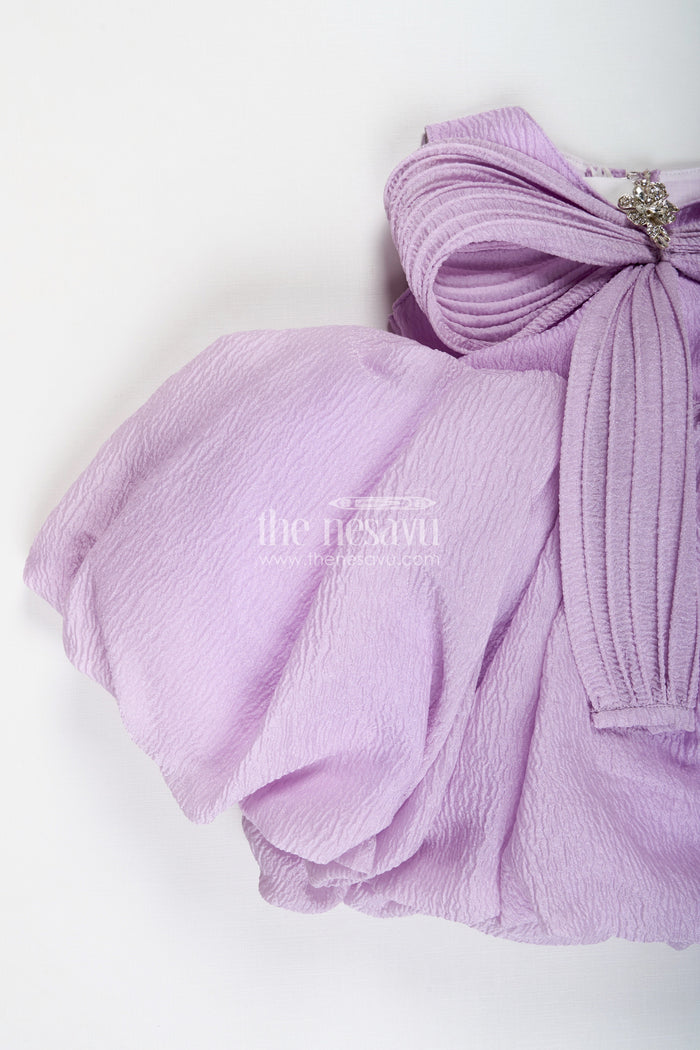 The Nesavu Girls Fancy Party Frock Baby Girl Birthday Dress With Bow Comfortable And Stylish Nesavu Nesavu Lilac Kids Party Frock Crushed Organza Puff Sleeves Sculpted Bow Detail