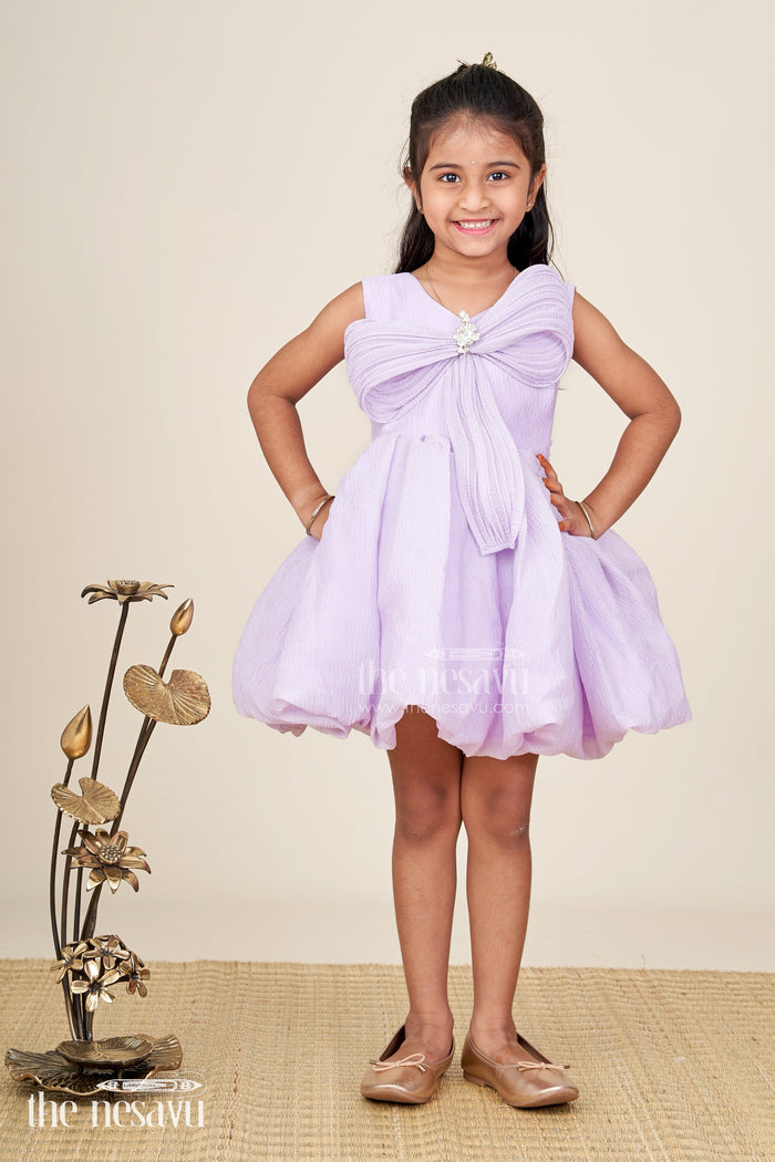 The Nesavu Girls Fancy Party Frock Baby Girl Birthday Dress With Bow Comfortable And Stylish Nesavu Nesavu Lilac Kids Party Frock Crushed Organza Puff Sleeves Sculpted Bow Detail