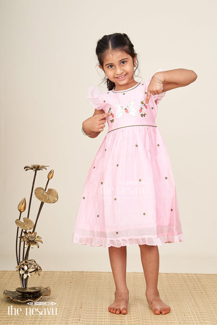 The Nesavu Girls Chanderi Frock Baby girl chanderi frock for birthday and ethnic celebrations Nesavu 16 (1Y) / Pink GFC1937A-16 Nesavu baby girl chanderi frock birthday festive occasions bunny embroidery