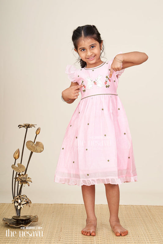 The Nesavu Girls Chanderi Frock Baby girl chanderi frock for birthday and ethnic celebrations Nesavu 16 (1Y) / Pink GFC1937A-16 Nesavu baby girl chanderi frock birthday festive occasions bunny embroidery