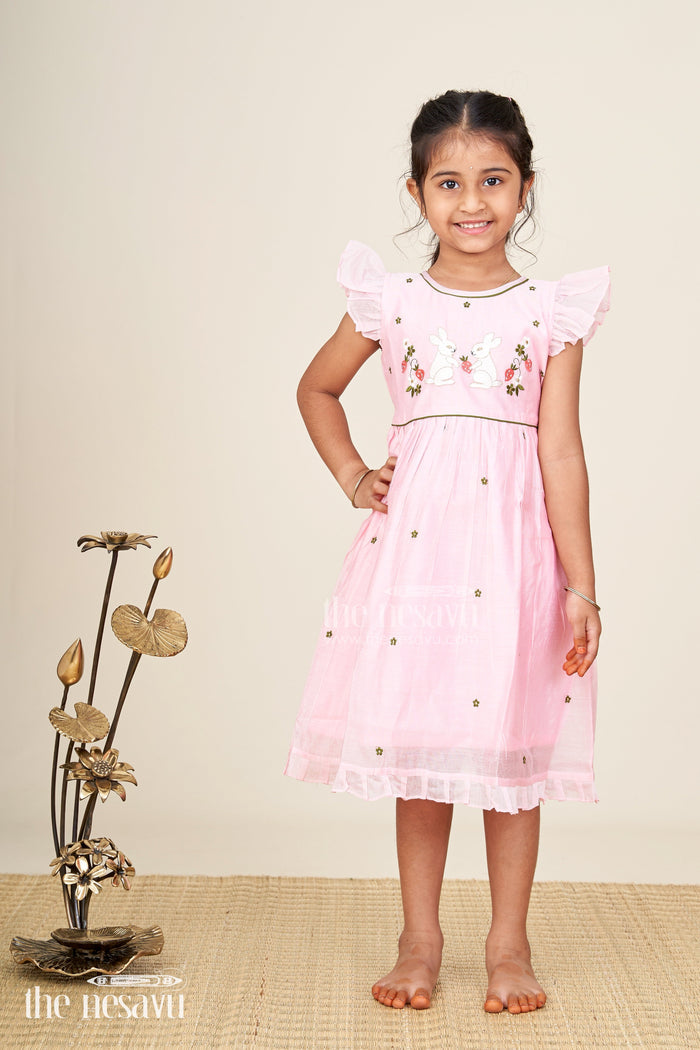 The Nesavu Girls Chanderi Frock Baby girl chanderi frock for birthday and ethnic celebrations Nesavu Nesavu baby girl chanderi frock birthday festive occasions bunny embroidery