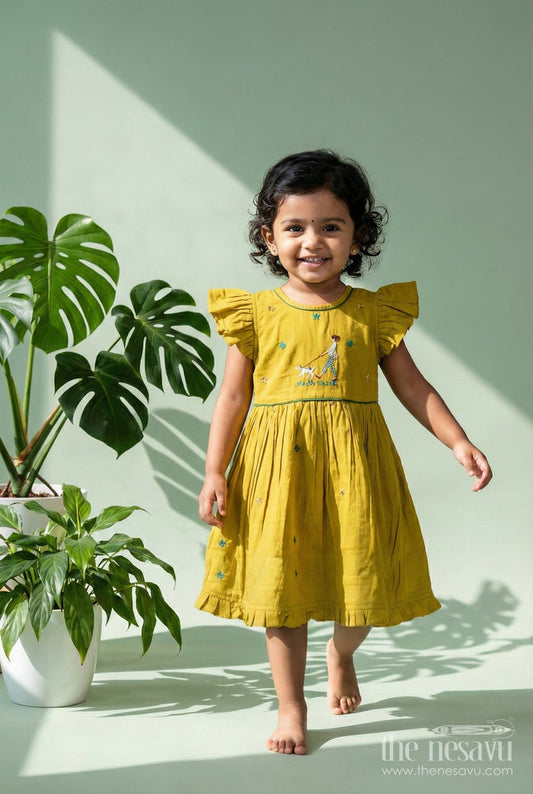 The Nesavu Girls Chanderi Frock Baby Girl Chanderi Frock for Casual Family Outings Nesavu 16 (1Y) / Green GFC1950A-16 Nesavu mustard chanderi frock for baby girls with playful dog embroidery for casual occasions