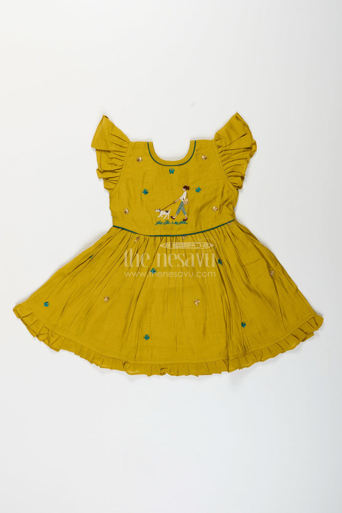The Nesavu Girls Chanderi Frock Baby girl chanderi frock for casual family outings Nesavu 16 (1Y) / Green GFC1950A-16 Nesavu mustard chanderi frock for baby girls with playful dog embroidery for casual occasions