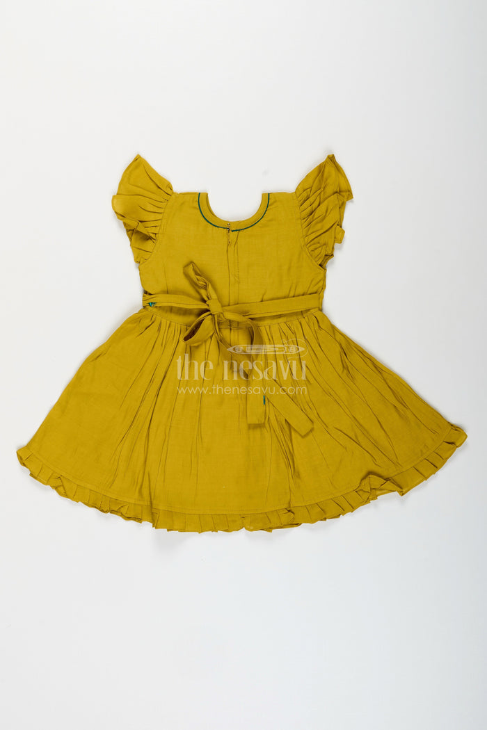 The Nesavu Girls Chanderi Frock Baby girl chanderi frock for casual family outings Nesavu Nesavu mustard chanderi frock for baby girls with playful dog embroidery for casual occasions