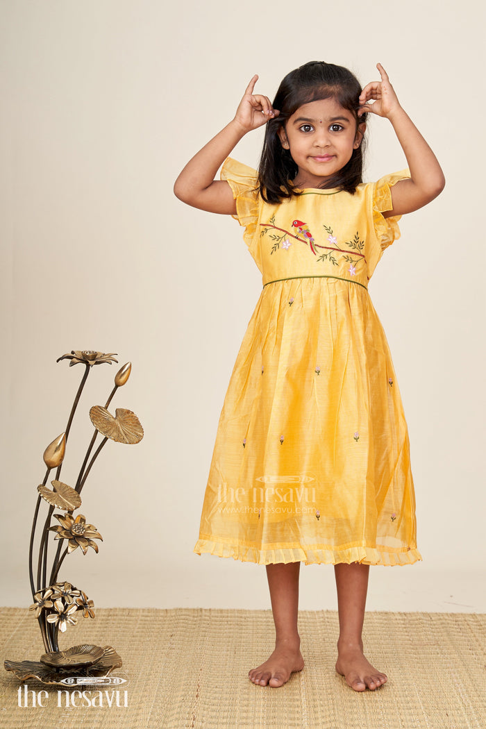 The Nesavu Girls Chanderi Frock Baby girl chanderi frock with bird embroidery for festive occasions Nesavu Nesavu baby girl chanderi frock parrot embroidery ruffle sleeves festive celebrations