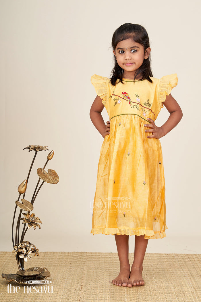 The Nesavu Girls Chanderi Frock Baby girl chanderi frock with bird embroidery for festive occasions Nesavu Nesavu baby girl chanderi frock parrot embroidery ruffle sleeves festive celebrations