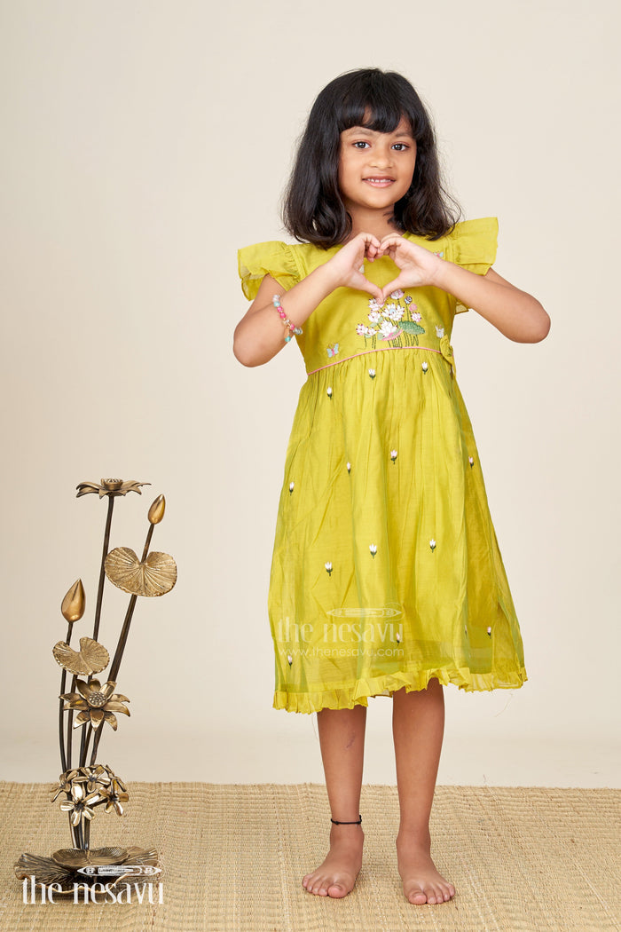 The Nesavu Girls Chanderi Frock Baby girl chanderi frock with floral embroidery for festivals and outings Nesavu Nesavu baby girl chanderi frock lotus butterfly embroidery festive moments