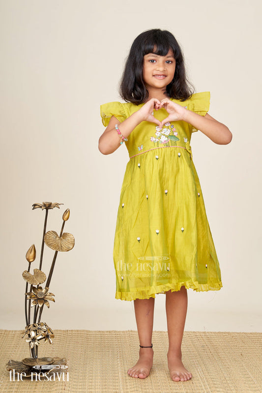 The Nesavu Girls Chanderi Frock Baby girl chanderi frock with floral embroidery for festivals and outings Nesavu Nesavu baby girl chanderi frock lotus butterfly embroidery festive moments