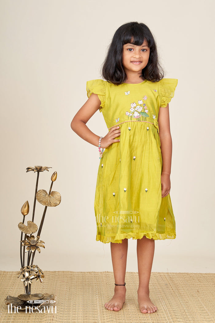 The Nesavu Girls Chanderi Frock Baby girl chanderi frock with floral embroidery for festivals and outings Nesavu Nesavu baby girl chanderi frock lotus butterfly embroidery festive moments