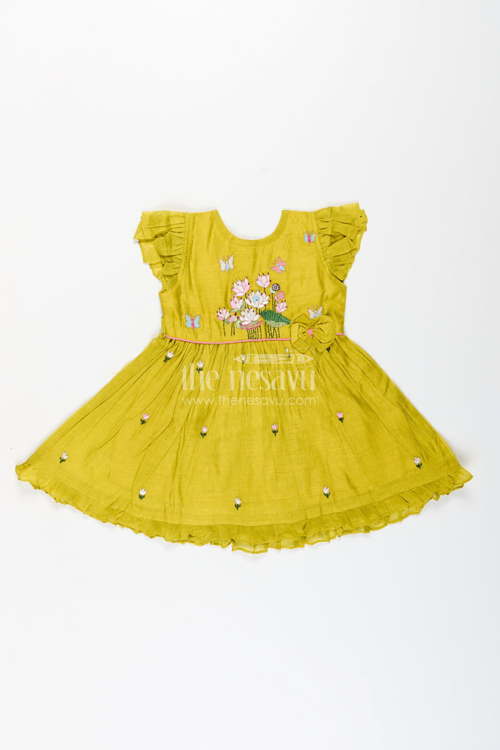 The Nesavu Girls Chanderi Frock Baby Girl Chanderi Frock with Floral Embroidery for Festivals and Outings Nesavu 16 (1Y) / Green GFC1940A-16 Nesavu baby girl chanderi frock lotus butterfly embroidery festive moments