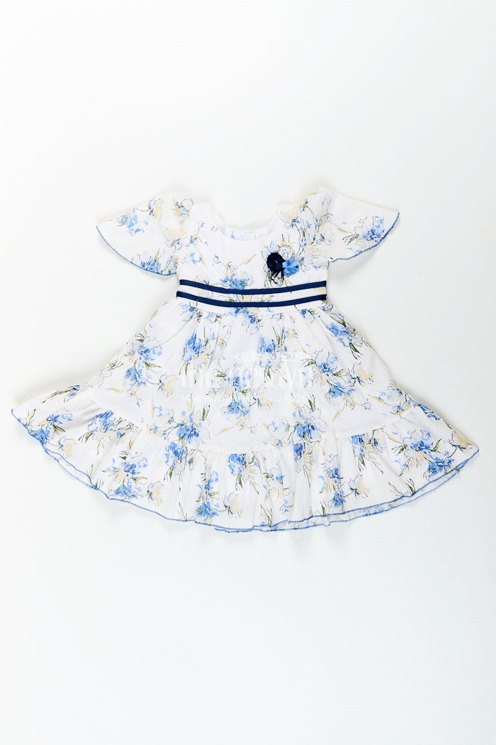 The Nesavu Girls Cotton Frock Baby girl cotton frock with blue floral print for summer outings Nesavu 20 (3Y) / Half white GFC1948B-20 Nesavu baby girl cotton frock with blue floral digital print perfect for summer playdates