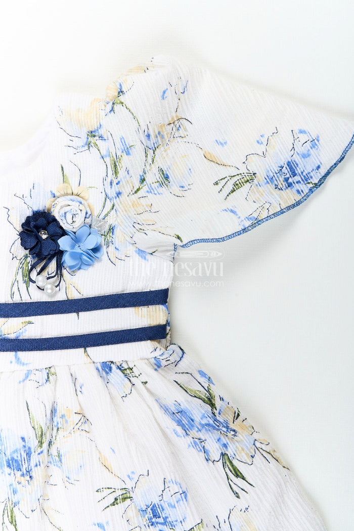 The Nesavu Girls Cotton Frock Baby girl cotton frock with blue floral print for summer outings Nesavu Nesavu baby girl cotton frock with blue floral digital print perfect for summer playdates
