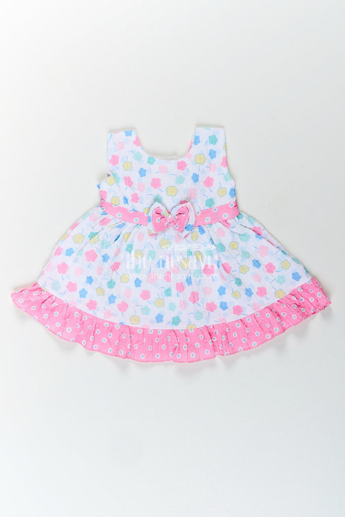 The Nesavu Baby Cotton Frocks Baby girl cotton frock with bow and floral print for casual summer days Nesavu 14 (6M) / Pink BFJ852B-14 Nesavu baby girl cotton frock pink bow floral print  perfect summer playdates daily wear