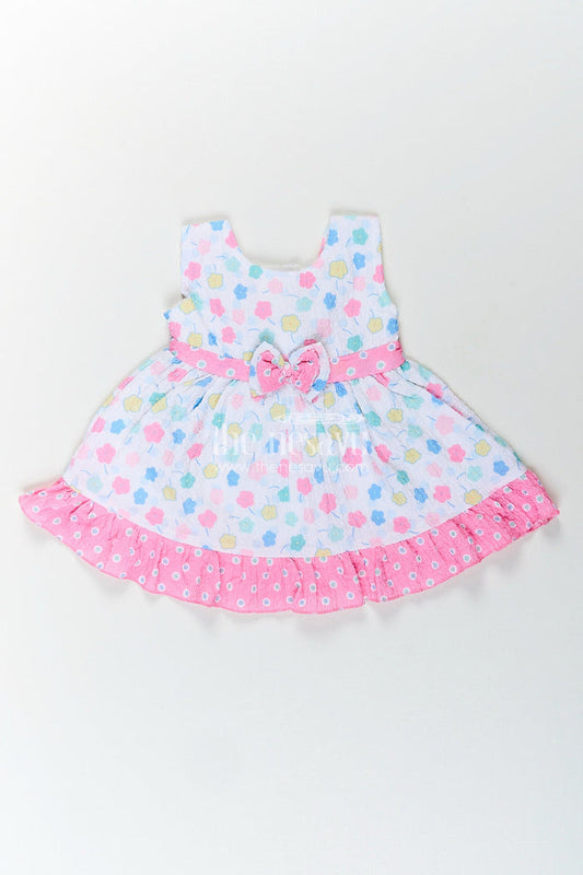 The Nesavu Baby Cotton Frocks Baby girl cotton frock with bow and floral print for casual summer days Nesavu 14 (6M) / Pink BFJ852B-14 Nesavu baby girl cotton frock pink bow floral print  perfect summer playdates daily wear