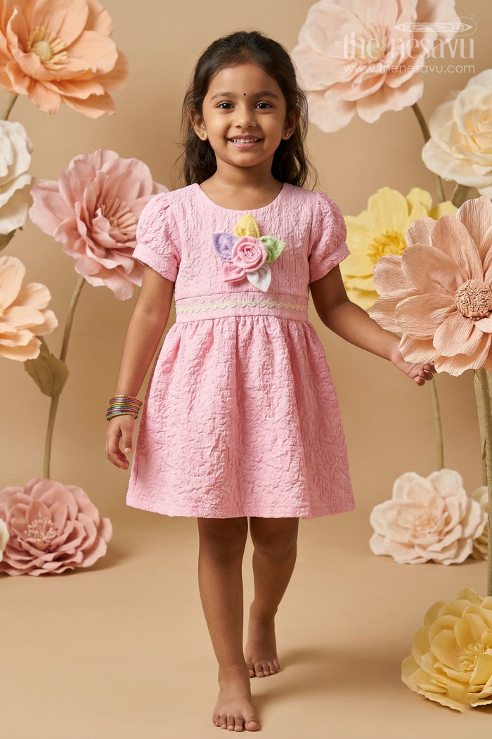 The Nesavu Girls Cotton Frock Baby Girl Cotton Frock with Flower Embellishment for Birthdays and Playdates Nesavu 14 (6M) / Pink / Popcorn GFC1904A-14 Nesavu Baby Cotton Frock With Flower Embellishment Perfect For Birthdays And Everyday Cuteness