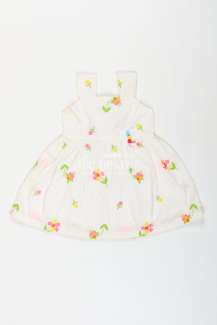 The Nesavu Baby Cotton Frocks Baby girl cotton frock with thread embroidery for summer outings Nesavu 14 (6M) / White BFJ855B-14 Nesavu sleeveless baby girl cotton frock with thread embroidery for summer and casual outings
