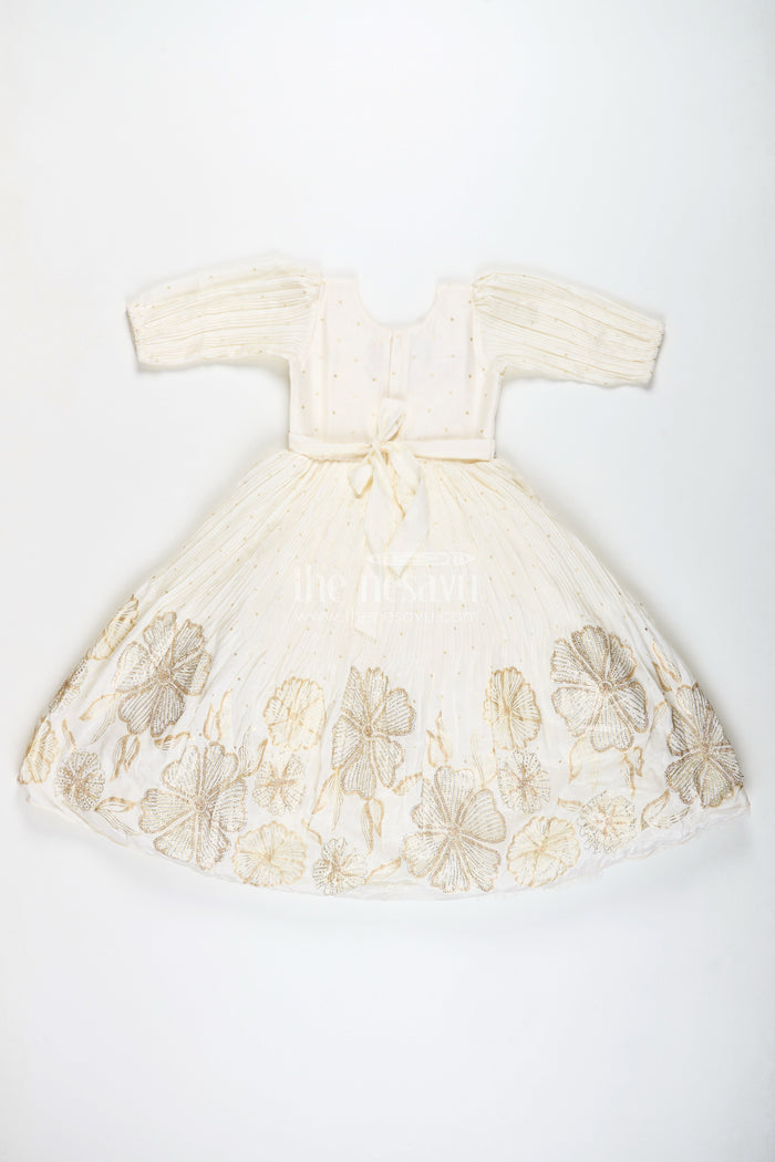 The Nesavu Girls Casual Gown Baby Girl Cream Gown for Festive Occasions Georgette Ethnic Dress with Floral Stone Embroidery Nesavu Nesavu Baby Girl Cream Gown Festive Occasions Georgette Ethnic Dress Floral Stone Embroidery