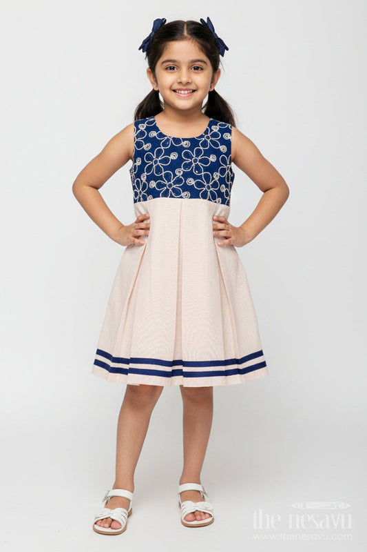 The Nesavu Girls Fancy Frock Baby Girl Flax Cotton Frock with Navy Yoke Embroidery for Festive Occasions Nesavu 20 (3Y) / Blue GFC1931A-20 Nesavu baby girl flax cotton frock navy yoke embroidery birthdays festive wear