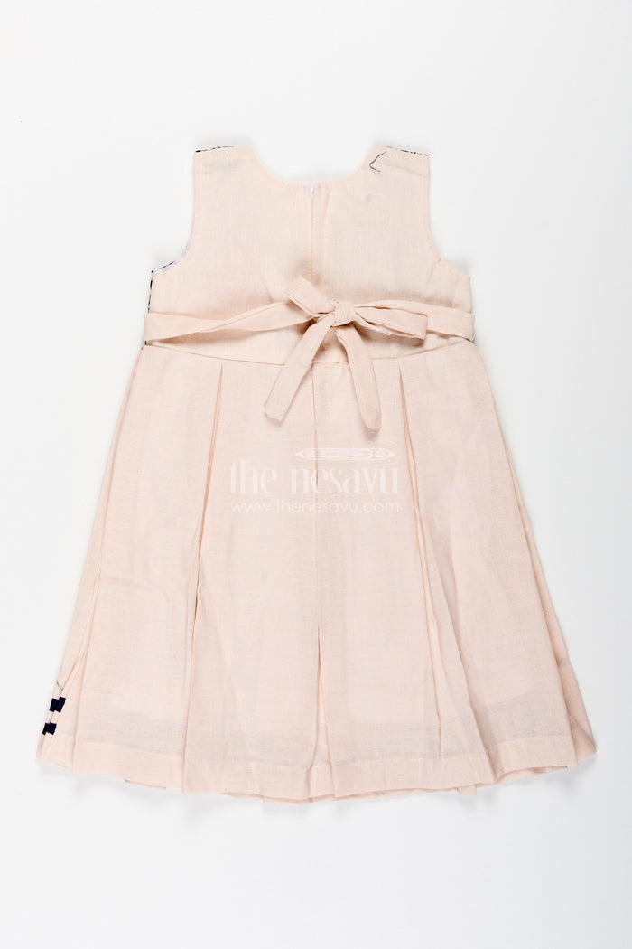 The Nesavu Girls Fancy Frock Baby Girl Flax Cotton Frock with Navy Yoke Embroidery for Festive Occasions Nesavu Nesavu baby girl flax cotton frock navy yoke embroidery birthdays festive wear