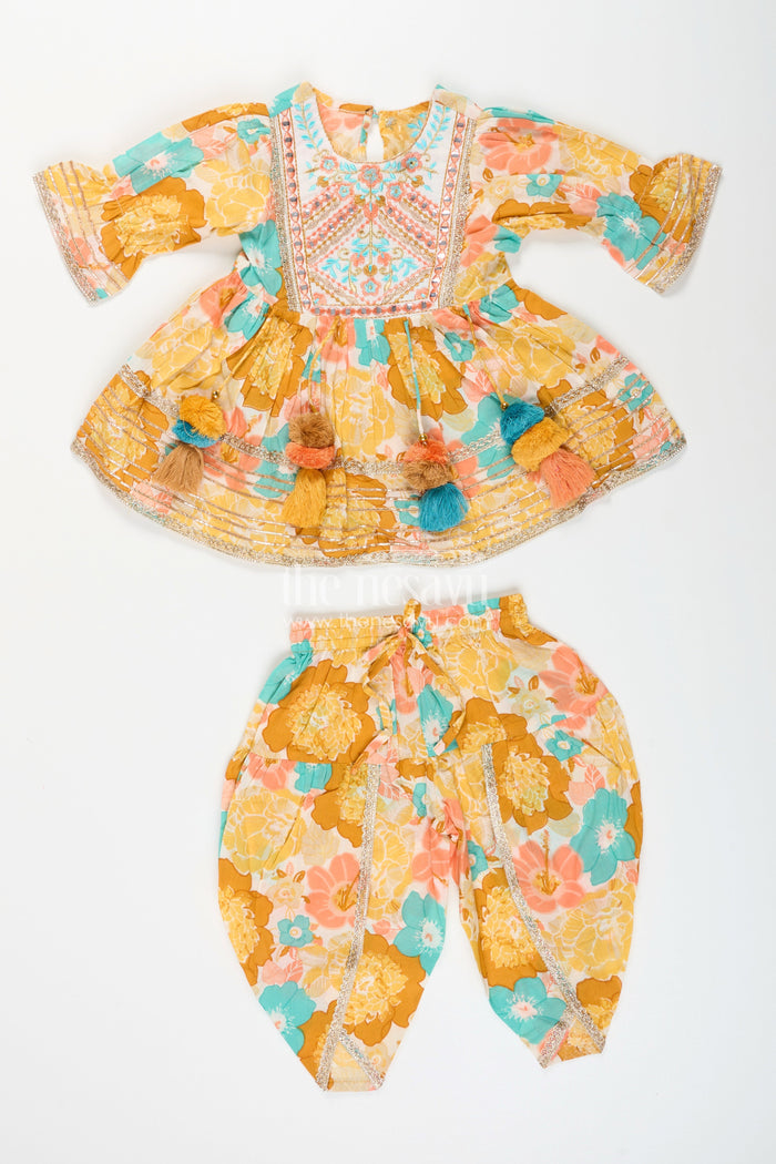 The Nesavu Girls Sharara / Plazo Set Baby girl floral sharara set for birthday parties and festive gatherings Nesavu Nesavu floral sharara set baby girls yellow cotton digital print  ideal birthdays