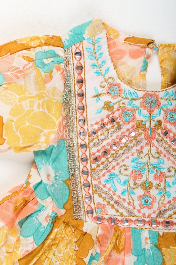 The Nesavu Girls Sharara / Plazo Set Baby girl floral sharara set for birthday parties and festive gatherings Nesavu Nesavu floral sharara set baby girls yellow cotton digital print  ideal birthdays