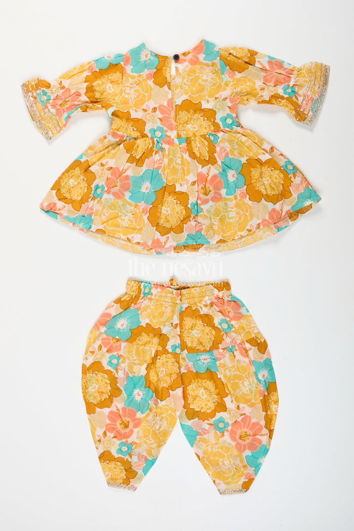 The Nesavu Girls Sharara / Plazo Set Baby girl floral sharara set for birthday parties and festive gatherings Nesavu Nesavu floral sharara set baby girls yellow cotton digital print  ideal birthdays