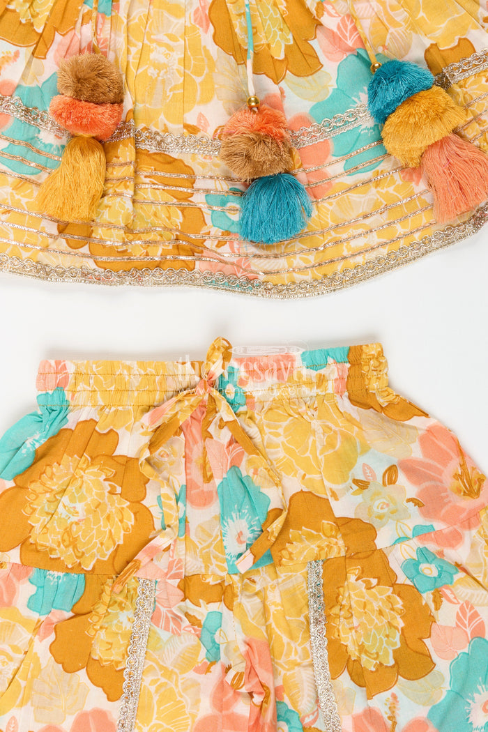 The Nesavu Girls Sharara / Plazo Set Baby girl floral sharara set for birthday parties and festive gatherings Nesavu Nesavu floral sharara set baby girls yellow cotton digital print  ideal birthdays